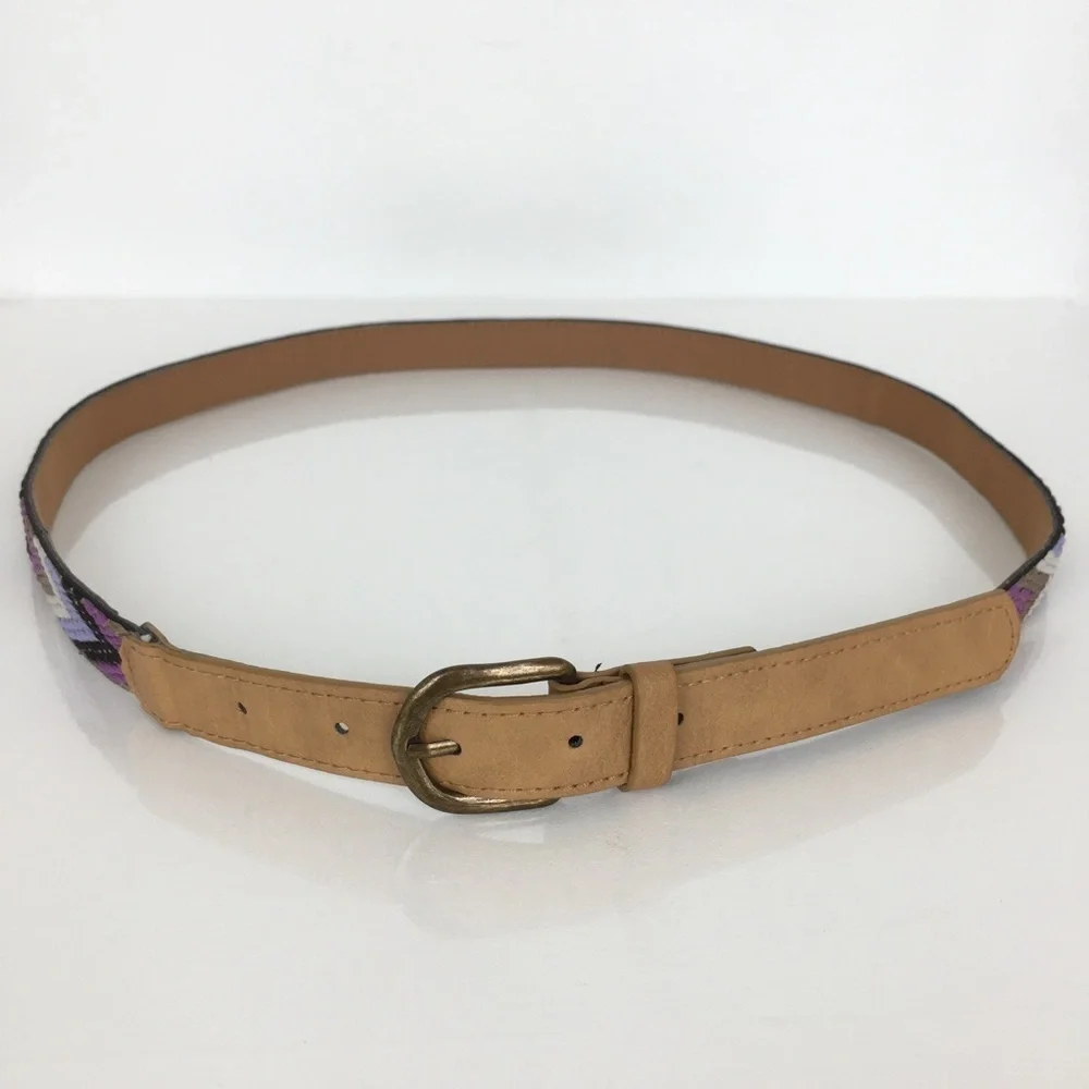 Women’s Thin Boho Belt Chevron Embroidered Multi Colored Purple Brown Size 13